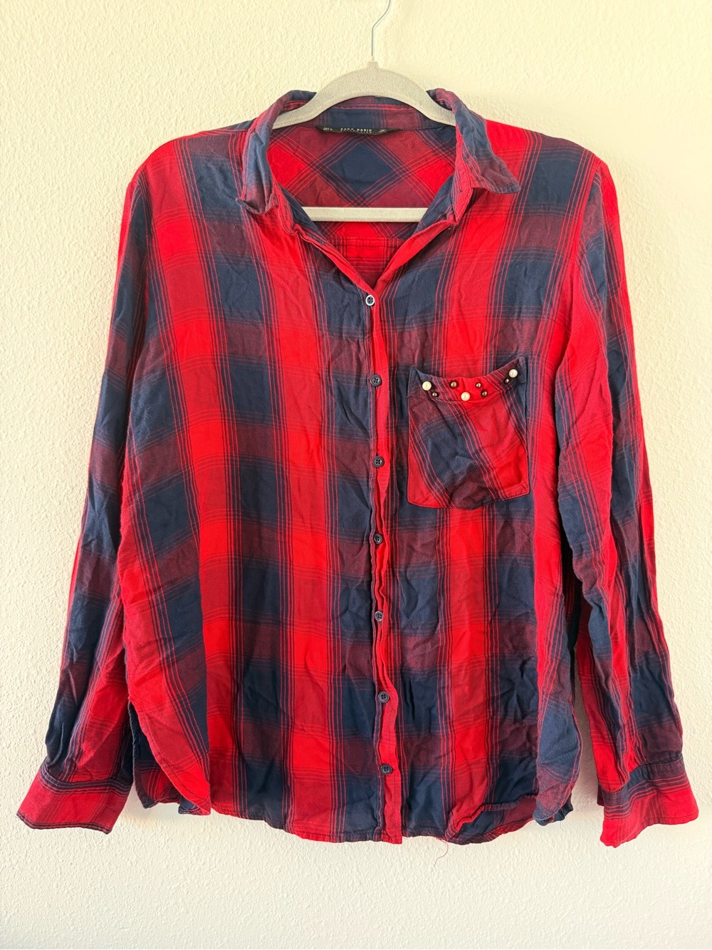Zara Red and Navy Plaid Stud-Embellished Button-Up Shirt